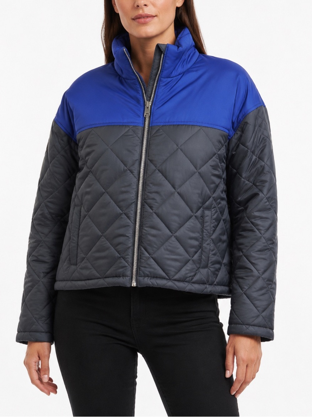 Revolve WeWoreWhat Black and Cobalt Blue Quilted Puffer Ski Jacket